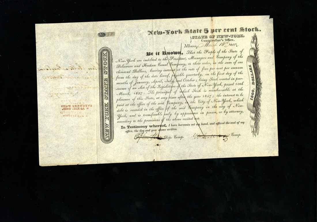 New-York State 5% Stock (New York) 1827. Albany. $1000 . No.88. NEW YORK STATE STOCK in the left en