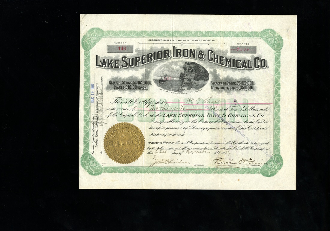 Lake Superior Iron & Chemical Company (Michigan) 1907. 2000 shares. No.146. Green, gold seal. The C