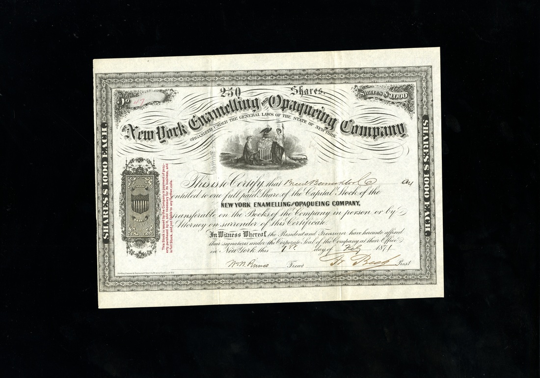 New York Enamelling and Opaqueing Company (New York) 1871. One share. No.47. New York State seal. V