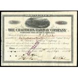 Chartiers Railway Company (Pennsylvania) 1885. Philadelphia. 120 shares. No.971. Train crosses brid