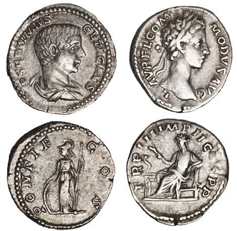 Roman Imperial Pair of AR Denarii. Commodus (177-192) Struck 179. 3.41 gms. Laureate head right, re