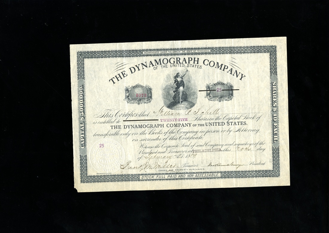 Dynamograph Company (Tennessee) 1889. Philadelphia. 25 shares. No.1073. Woman holding lightning sta