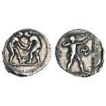 Pamphylia. Aspendos. AR Stater, 380/75-330/20 BC. 10.83 gms. Two wrestlers grappling, NF between th