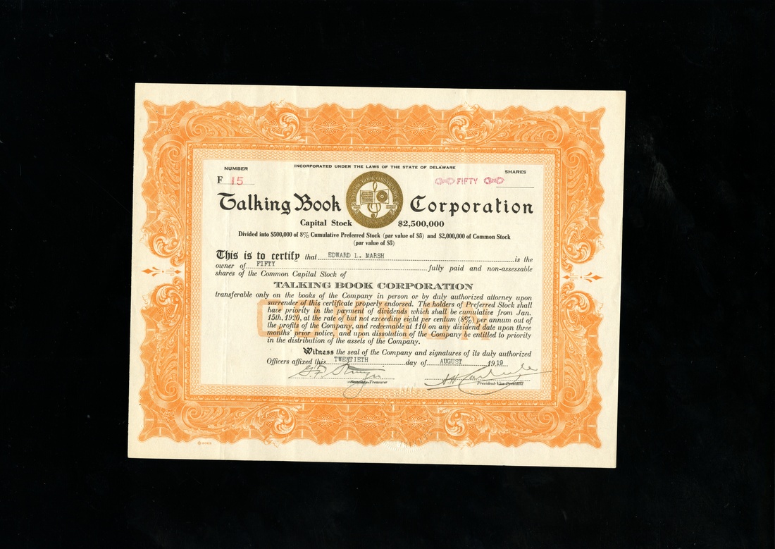 Talking Book Corporation (Delaware) 1919. 50 shares. No.15. Orange with gold logo. This company mad