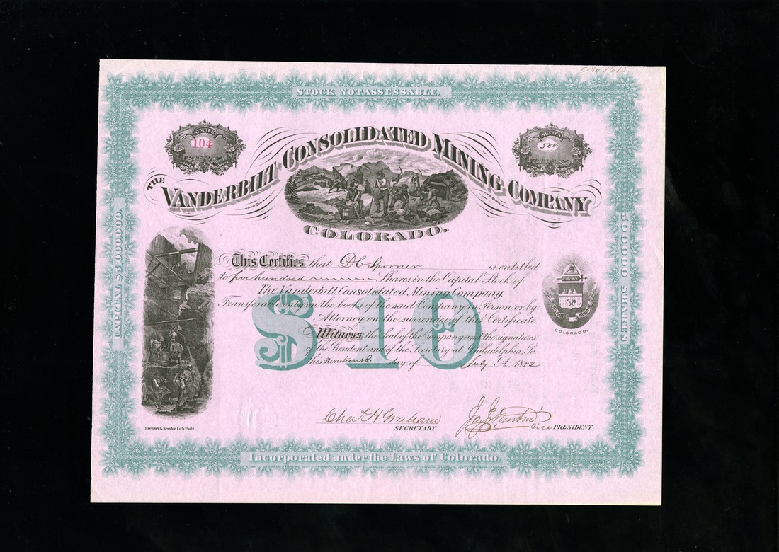 Vanderbilt Consolidated Mining Company (Colorado) 1882. $10. No.104. Green border, pink paper. Mine