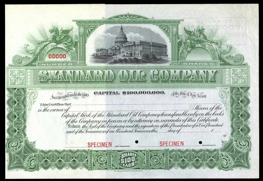 Standard Oil Company (New Jersey) Circa 1900. Shares. SPECIMEN. No.00000. Green. Capitol Building.