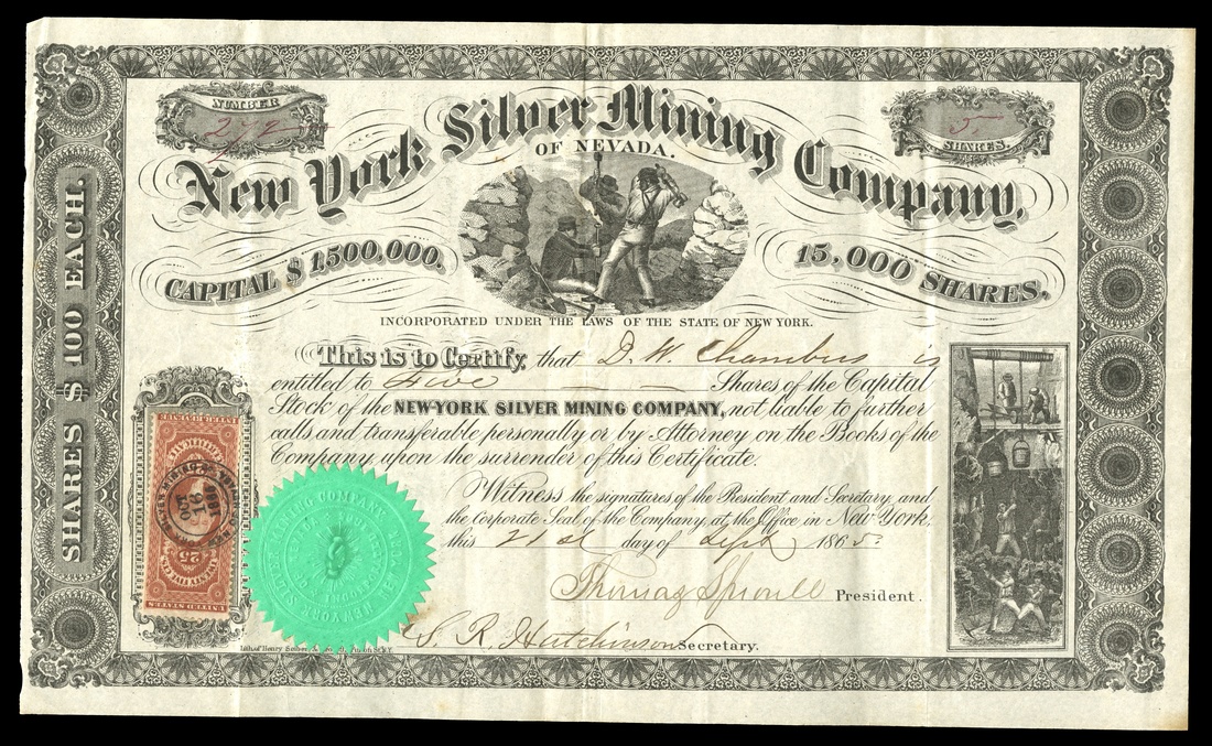 New York Silver Mining Company of Nevada (New York) Sept. 21, 1865. 5 shares. No.272. Miners hammer