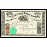 New York Silver Mining Company of Nevada (New York) Sept. 21, 1865. 5 shares. No.272. Miners hammer
