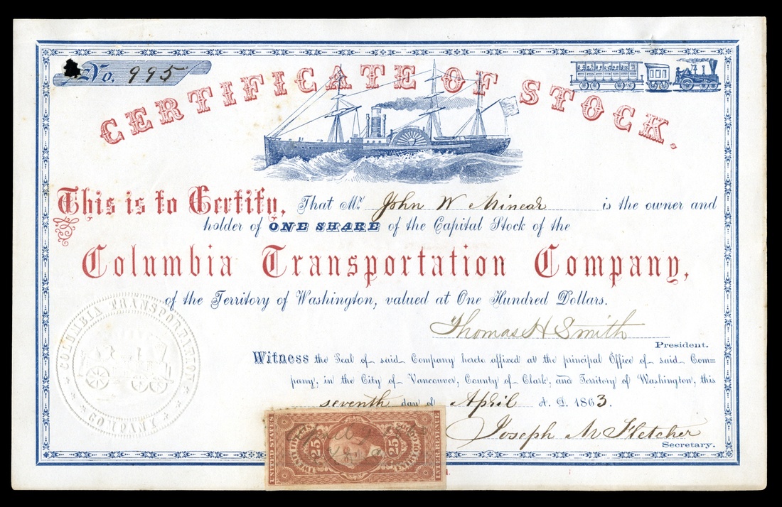 Columbia Transportation Company (Washington Territory) 1863. Vancouver. One share. No.995. Red and