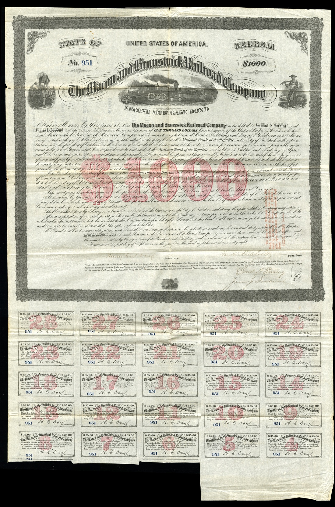 Macon & Brunswick Railroad Company (Georgia) 1868. $1000. Second Mortgage Bond. No.951. Red $1000.