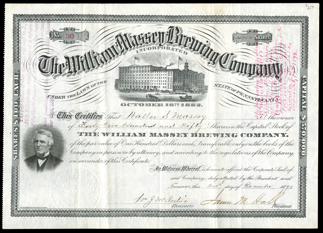 William Massey Brewing Company (Pennsylvania) 1891. Philadelphia. 4.550 shares. No.30. Large brewer