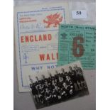 1938 Rugby Union, Wales v England, a programme from the game played at Cardiff on 15/01/1938, togeth