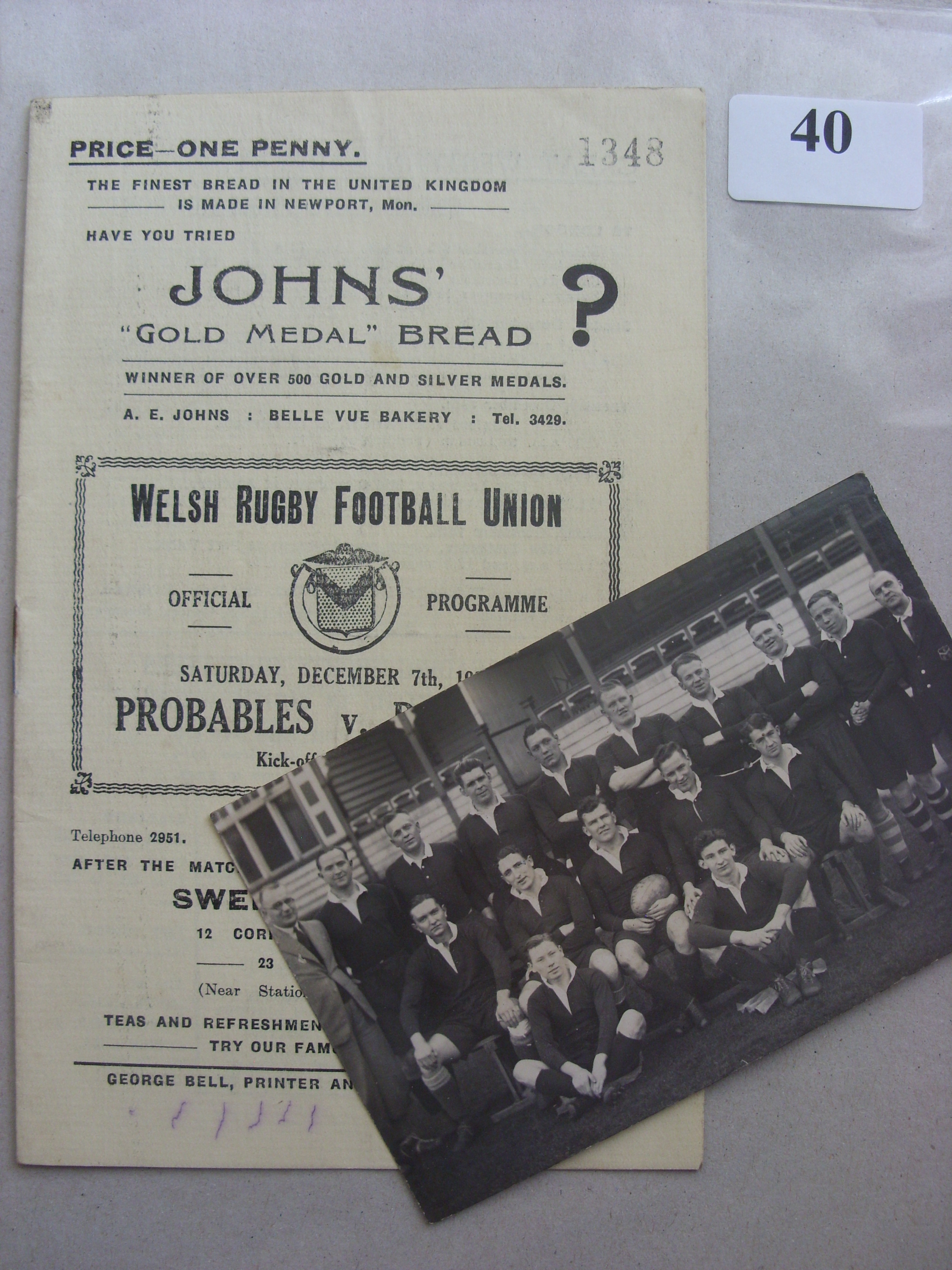 1935/36 Rugby Union, Probables v Possibles, a programme from the game played at Newport on 07/12/193