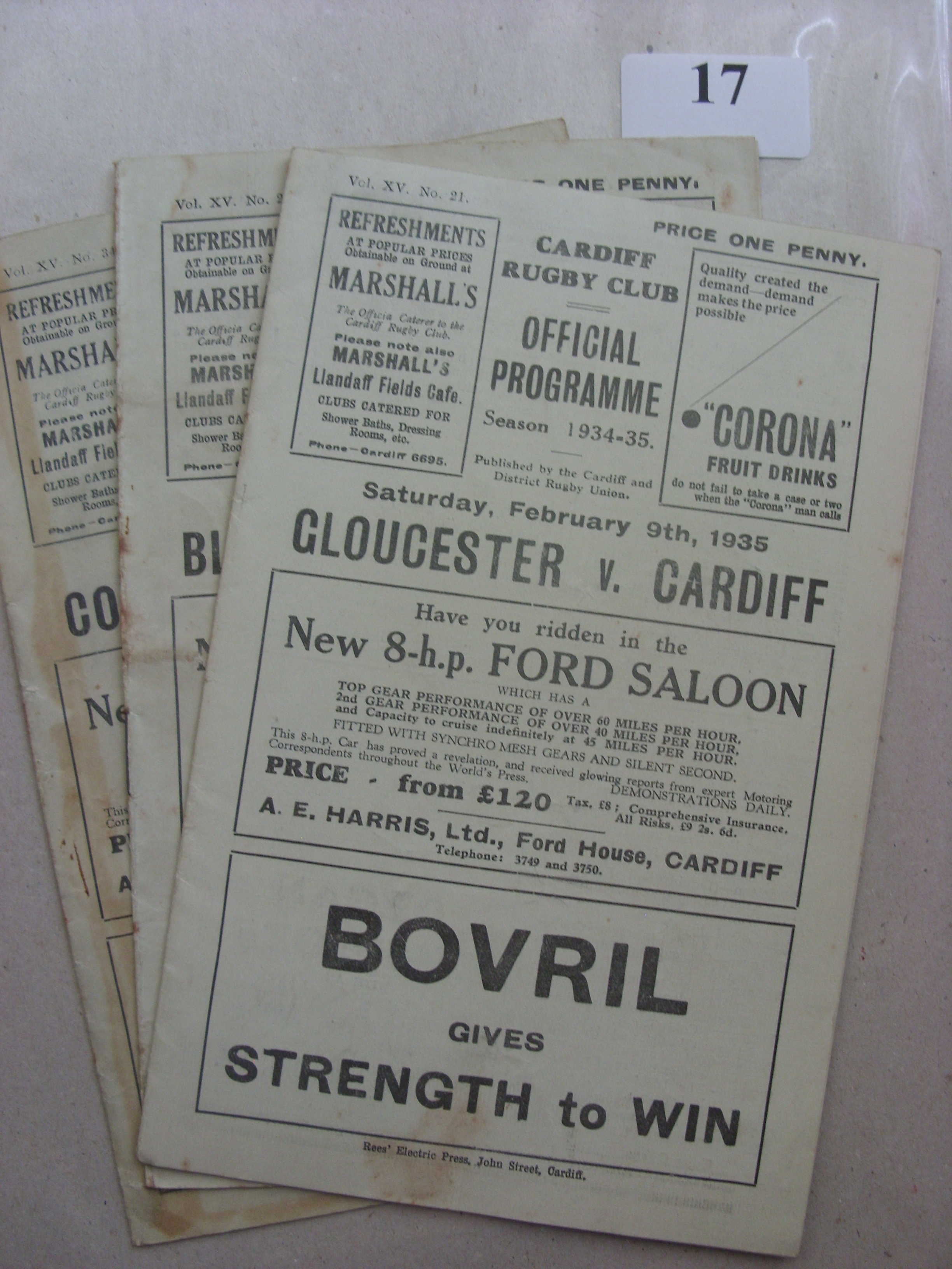 1934/1935 Rugby Union, a collection of 3 home programmes, in various condition, including 2 with adh