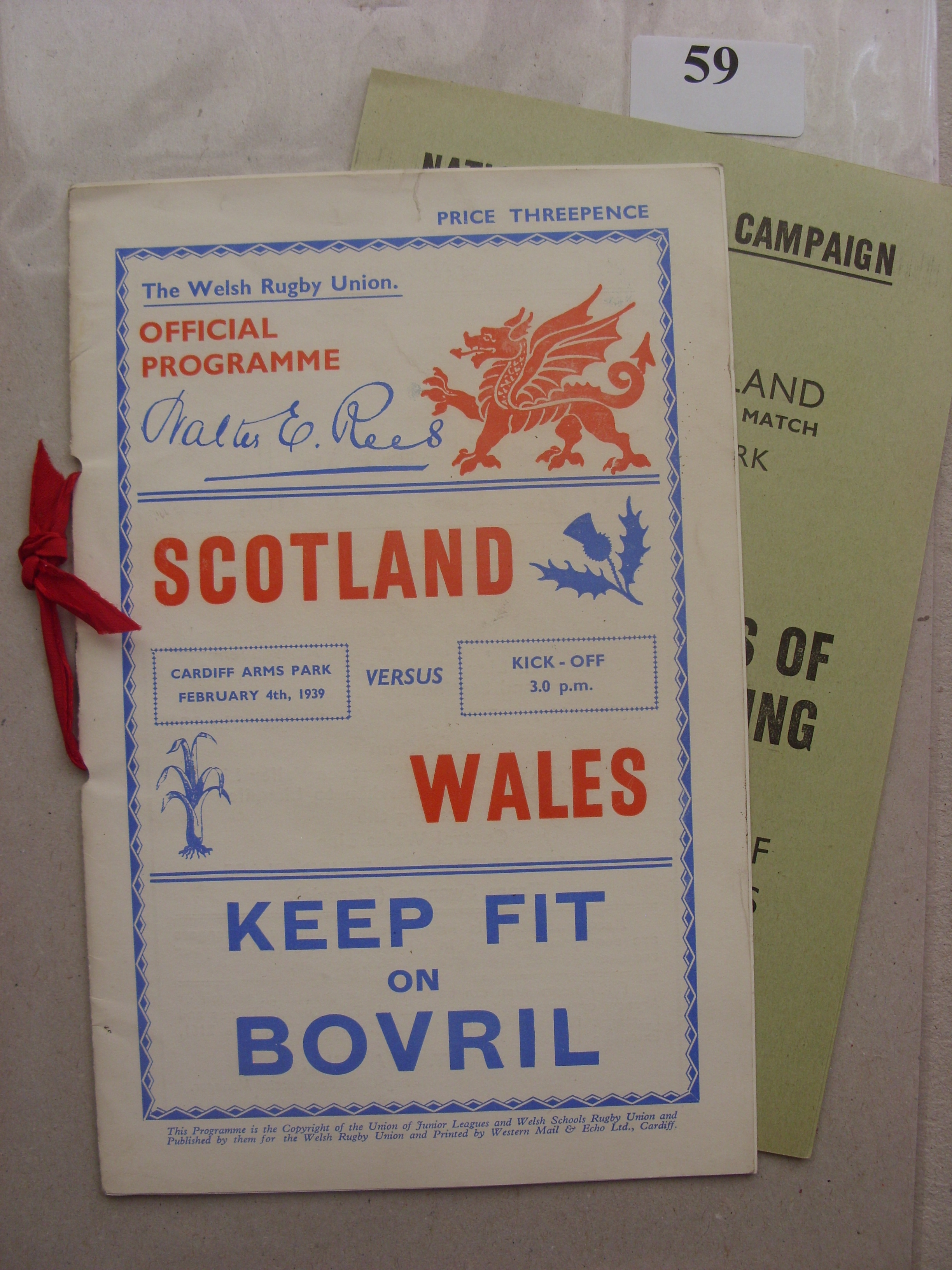 1939 Rugby Union, Wales v Scotland, a VIP programme from the game played at Cardiff on 04/02/1939, w