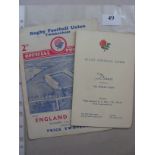 1939 Rugby Union, England v Wales, a programme from the game played on 21/01/1939, plus a menu from