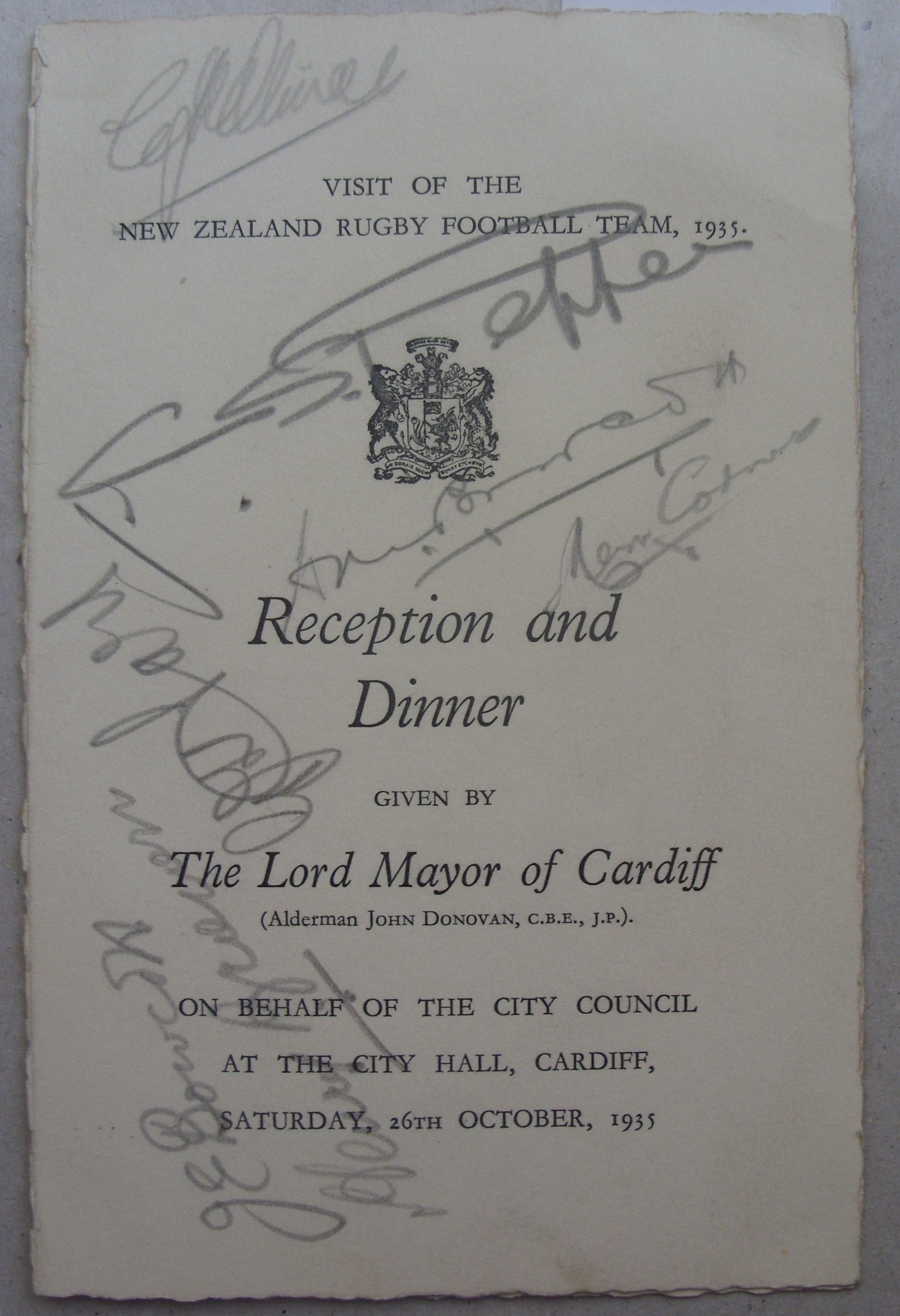 1935 Rugby Union, Cardiff v New Zealand, an autographed menu from the dinner held at the City Hall o