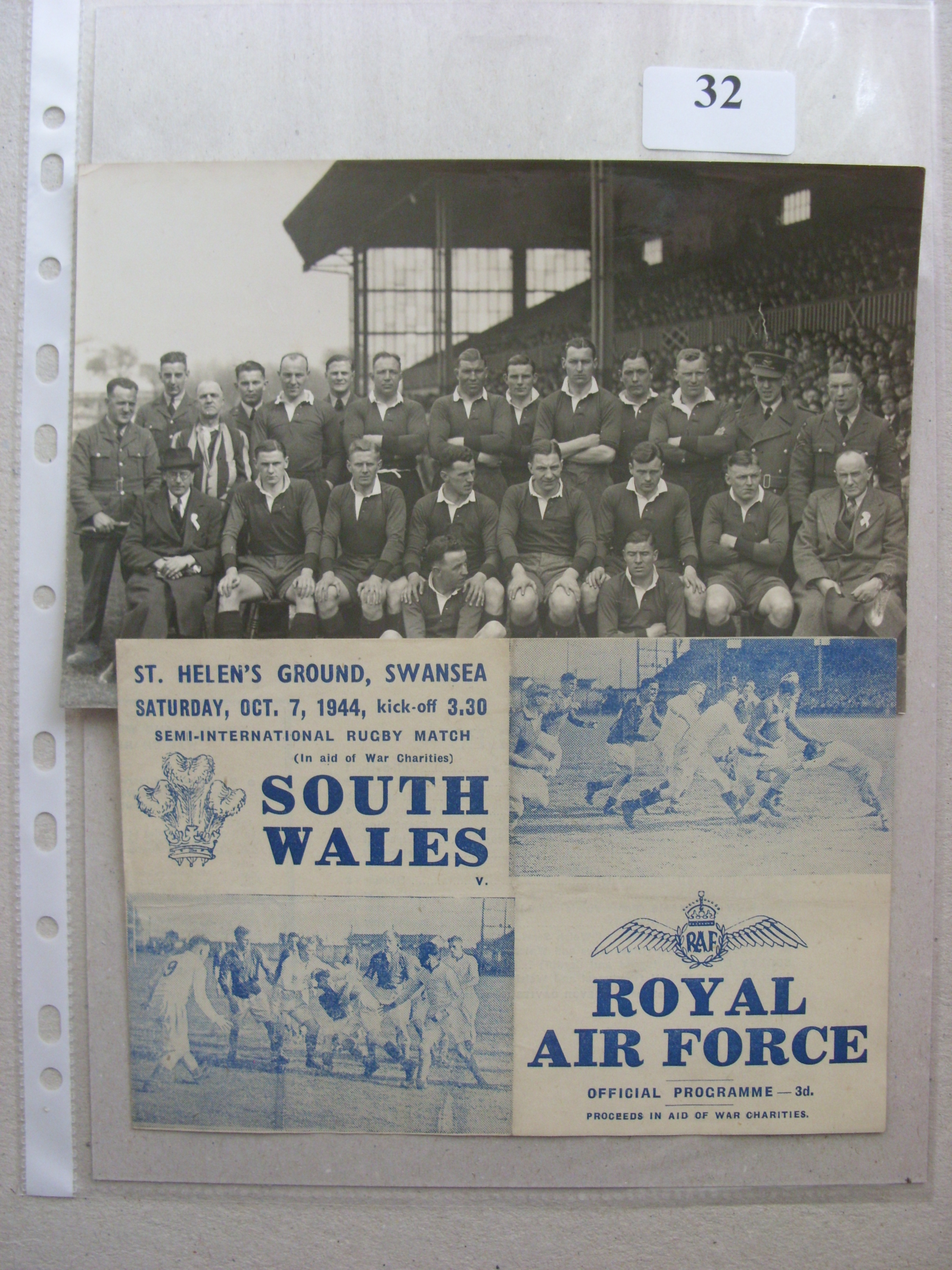 1944 Rugby Union, South Wales v RAF, a programme from the game played on 07/10/1944 at Swansea, plus