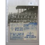 1944 Rugby Union, South Wales v RAF, a programme from the game played on 07/10/1944 at Swansea, plus