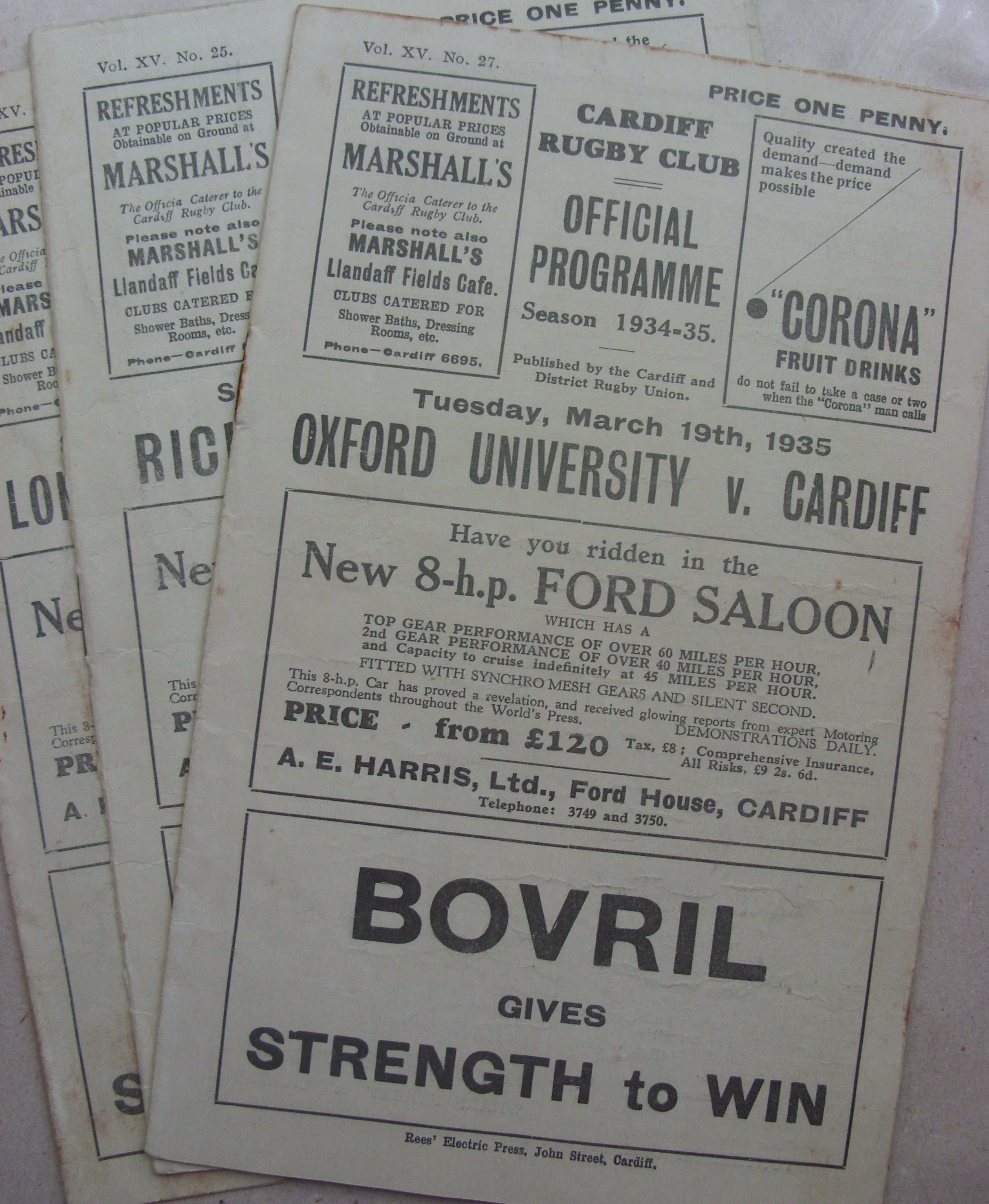 1934/1935 Rugby Union, a collection of 3 Cardiff home programmes, Richmond, Oxford University and Lo