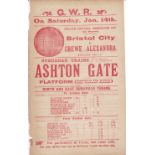 BRISTOL CITY -CREWE  1911  GWR Railway handbill advertising times and fares for rains to Ashton Gate