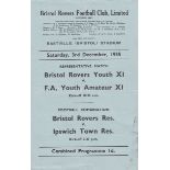 BRISTOL ROVERS-FA YOUTH 1955   Four page programme  covering Bristol Rovers Youth XI v FA Youth