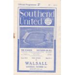 SOUTHEND-WALSALL 1938     Southend home programme v Walsall, 1/10/1938, rusty staple area, pencil