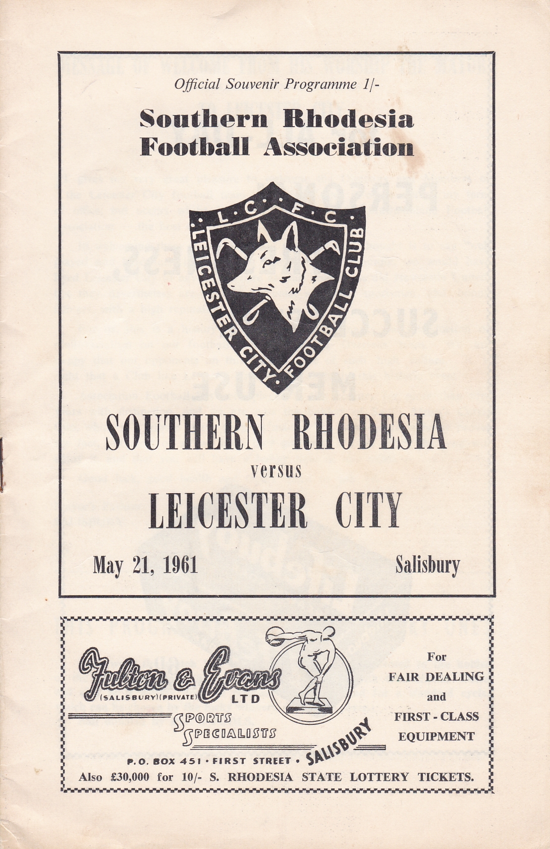 SOUTHERN RHODESIA - LEICESTER 1961 Southern Rhodesia home programme v Leicester, 21/5/61 at