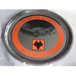 WOLVES Silver coloured metal circular tray with a picture of the stadium illustrated and the