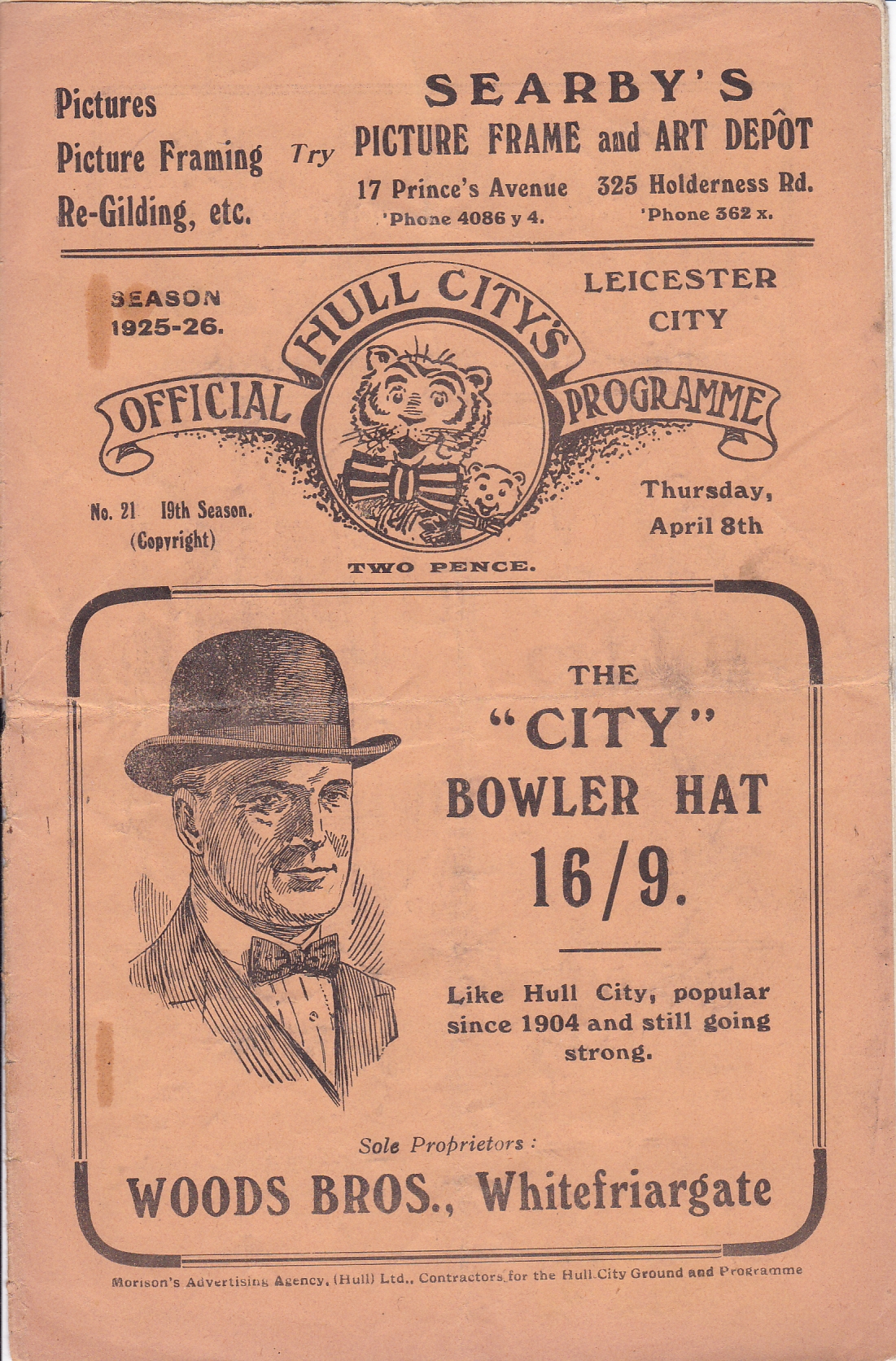 HULL - LEICESTER 1926 Hull programme for friendly v Leicester, 8/4/1926, Hull Hospitals Cup,