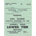 AT HIGHBURY / TICKET Arsenal v Real Madrid, Friendly match, Thursday 13 Sep 1962, light fold.