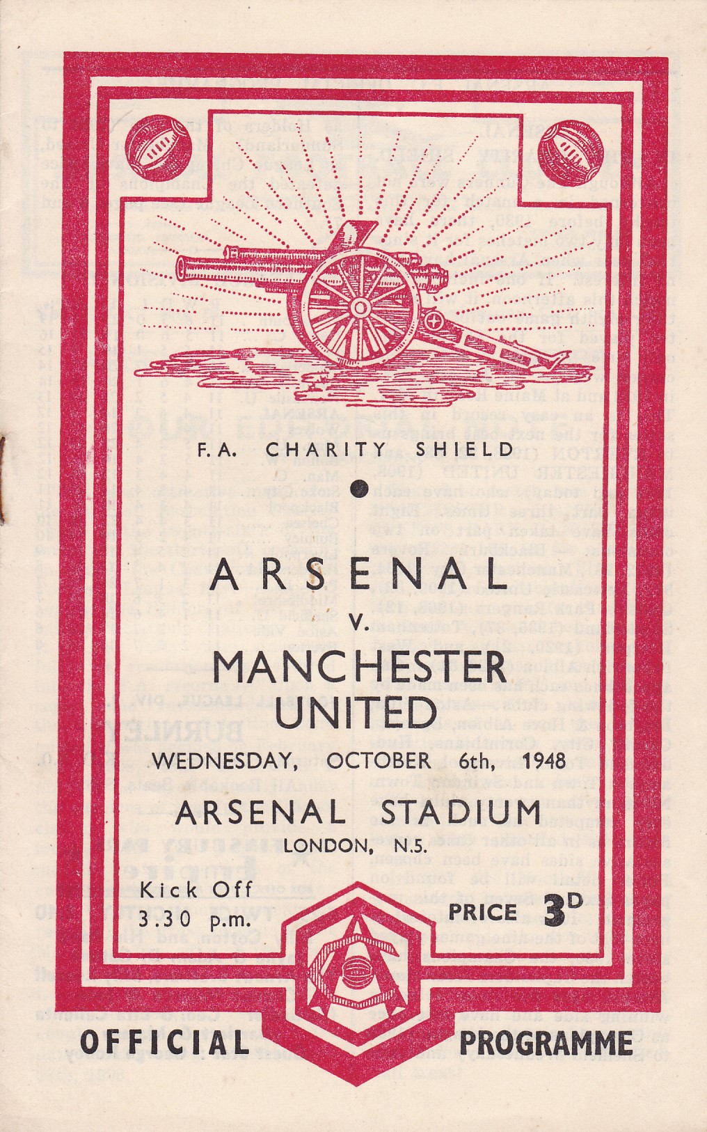 1948 CHARITY SHIELD Arsenal home programme v Manchester United, 6/10/48, Charity Shield, score,