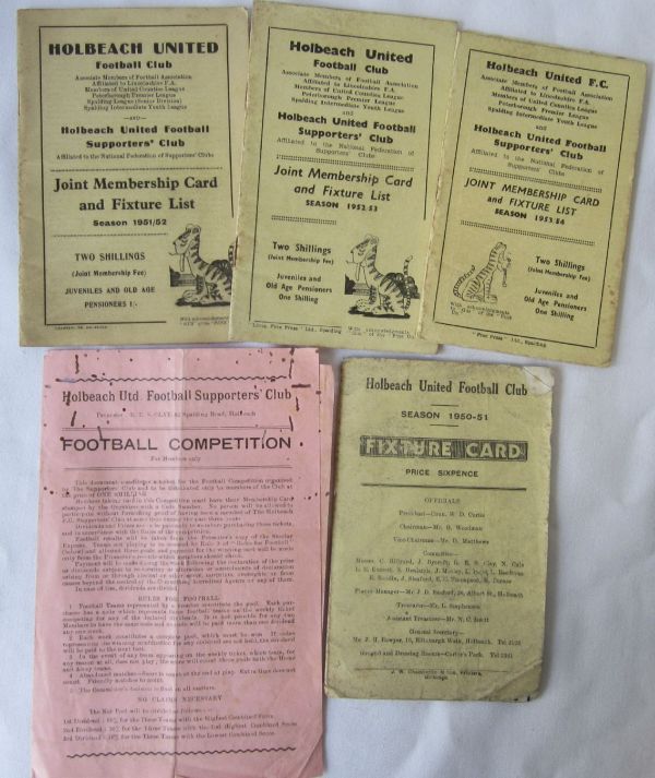 HOLBEACH UTD Collection of Joint Membership Cards/Fixture Lists for Holbeach United plus a 1954