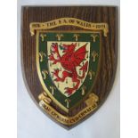 FA WALES SHIELD 1951 Wooden shield with FA Wales crest upon it and 1876 FA OF WALES 1951 above the