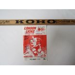 LONDON LIONS ICE HOCKEY STICK From season 1973/4 with some signatures and a London Lions home