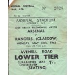 AT HIGHBURY / TICKET Arsenal v Glasgow Rangers, Jack Kelsey Testimonial, Monday 20 May 1963, some