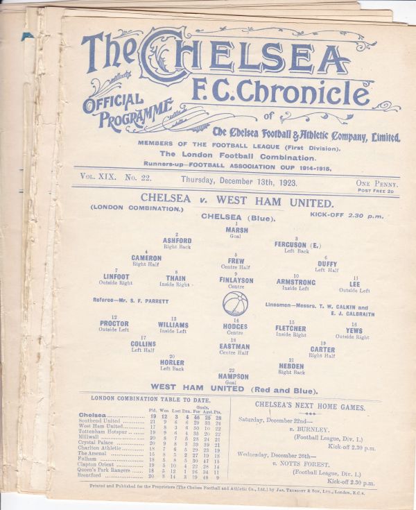 CHELSEA 1923/24 Fourteen Reserve programmes 2 x West Ham, 2 x Crystal Palace, 2 x Fulham, 2 x