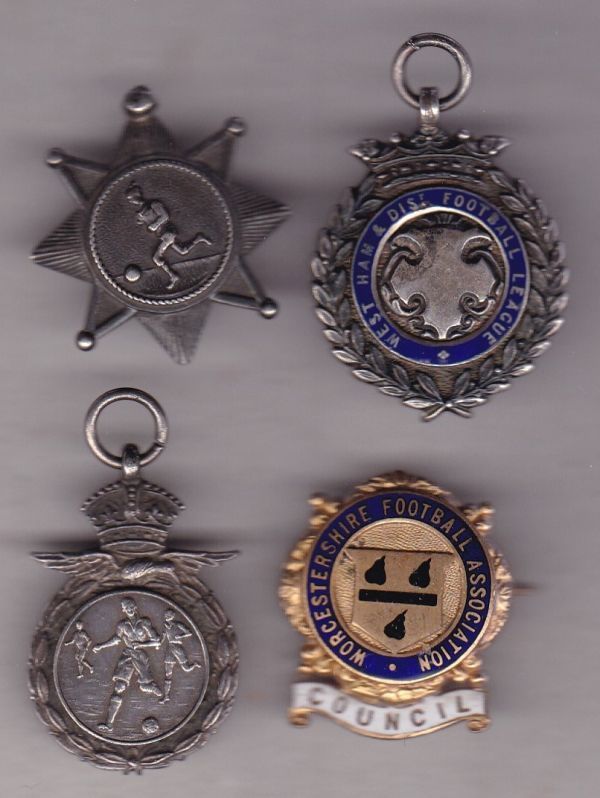 MEDALS / BADGES Four medals and badges, Worcestershire FA Council metal badge, West Ham and District