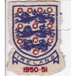 ENGLAND SHIRT BADGE 1950-51 Three Lions badge from England shirt worn by Eddie Baily in the game v