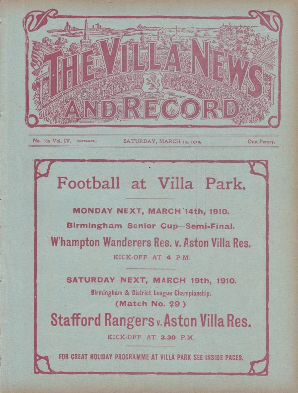 ASTON VILLA - SHEFFIELD WED 1910 Villa home programme v Wednesday, 12/3/1910, Champions elect