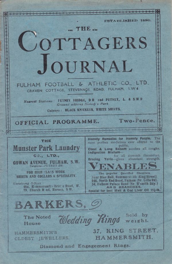 FULHAM - SHEFFIELD WED 1926 Fulham home programme v Wednesday, 2/1/1926, small pencil tip hole,