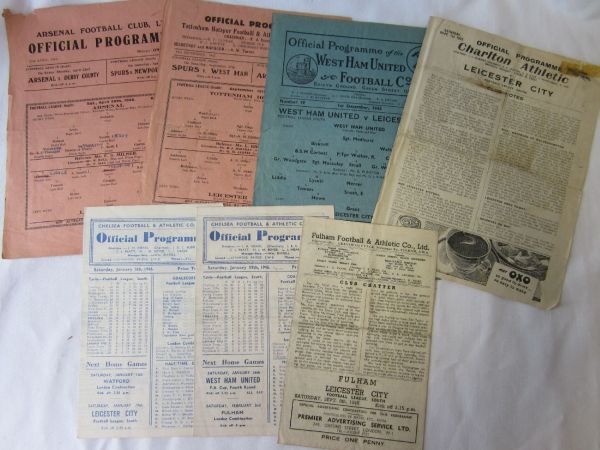 LEICESTER 45-46 Seven away programmes, 45-6, at West Ham, Fulham, Chelsea (Cup and League),