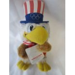 OLYMPICS Rare soft toy of Sam the Olympic Eagle, with Stars and Strips top-hat and original label 9"