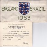 ENGLAND- BRAZIL 1963 Cloth official armband issued to photographer George Freston for England v