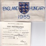 ENGLAND- HUNGARY 1965 Cloth official armband issued to photographer George Freston for England v