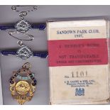 HORSERACING - SANDOWN PARK BADGES Three badges, 1930 with slight wear and 2 X 1937 in an official