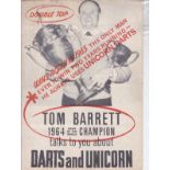 DARTS - TOM BARRETT 1964 & 1965 CHAMPION A 4 page promotional pamphlet by Unicorn Products