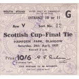 SCOTTISH CUP FINAL - 1937 TICKET Scarce ticket for South Stand Seat, Scottish Cup Final, 24/4/