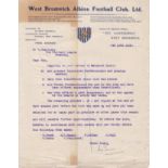 WEST BROM 1919 Letter on club letter-heading to T.Charnley, Secretary of the Football League and