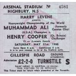 MUHAMMAD ALI V. HENRY COOPER 1966 AT ARSENAL Ticket for the fight at Arsenal FC 21/5/1966,